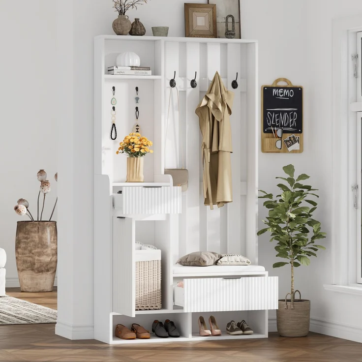 100*30*180cm Garderobenständer 6-in-1, mit 8 Haken, Schuhbank und Ablagen, Kippschutz,Kompaktgarderoben Mit Schubladen und Schränken,100cm breit,Schuhschrank, weiß--Weiß--100x30x180cm--YOUDENOVA – Bild 5