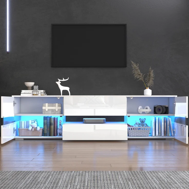 TV-Schrank, 160x39x45 cm, weißer Hochglanz-TV-Schrank mit LED, Acrylglas & Drucköffnung – Bild 2