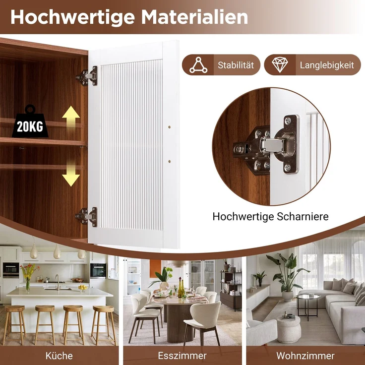 Highboard mit verstellbaren Regalböden und Schubladen, Buffetschrank mit ausziehbaren Regalböden und Riffelglas , Ideal für Esszimmer, Wohnzimmer und Küche (Weiß+Nussbaum) – Bild 9