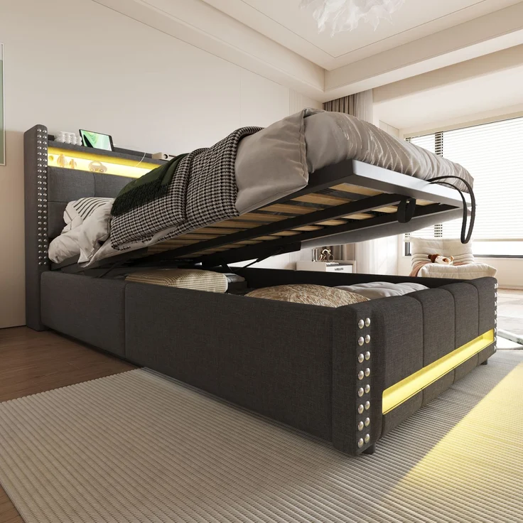 EINHOM Polsterbett Kinderbett 90 x 200 cm mit LED-Beleuchtung und USB-Steckdose, Kopfteil mit Einlegeböden und Stauraum, mit Hydraulik für die Lagerung, Einzelbett, Leinenstoff Grau, (Ohne Matratze) – Bild 1