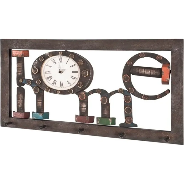 Haku Wandgarderobe mit Schriftzug HOME, integrierter Uhr und 5 Garderobenhaken aus Metall, Vintage-Look, braun-kupfer, 70x8x35 cm