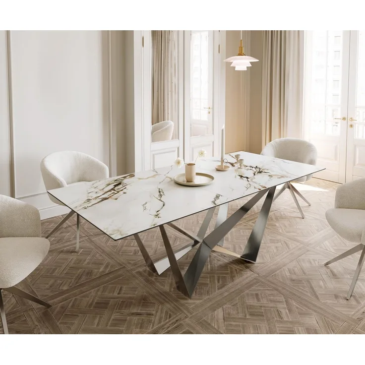 Esstisch Edge 180-220x100 Keramik Calacatta Luxe Weiß-Gold-Grau Spider Flachstahl Edelstahl ausziehbar