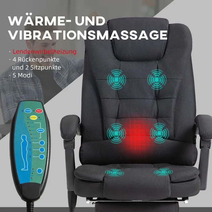 Bürostuhl mit Massagefunktion, Ergonomisch Schreibtischstuhl mit Liege- & Wärmefunktion, Höhenverstellbar Computerstuhl mit Fußstütze, Seitentasche und Fernbedienung, Schwarz--Schwarz--65x70x119cm--YOUDENOVA – Bild 4