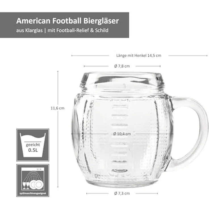 MamboCat Bierglas 6x Football Biergläser 0,5L geeicht Pille-Relief 6 Pers. Bierkrüge, Glas – Bild 6