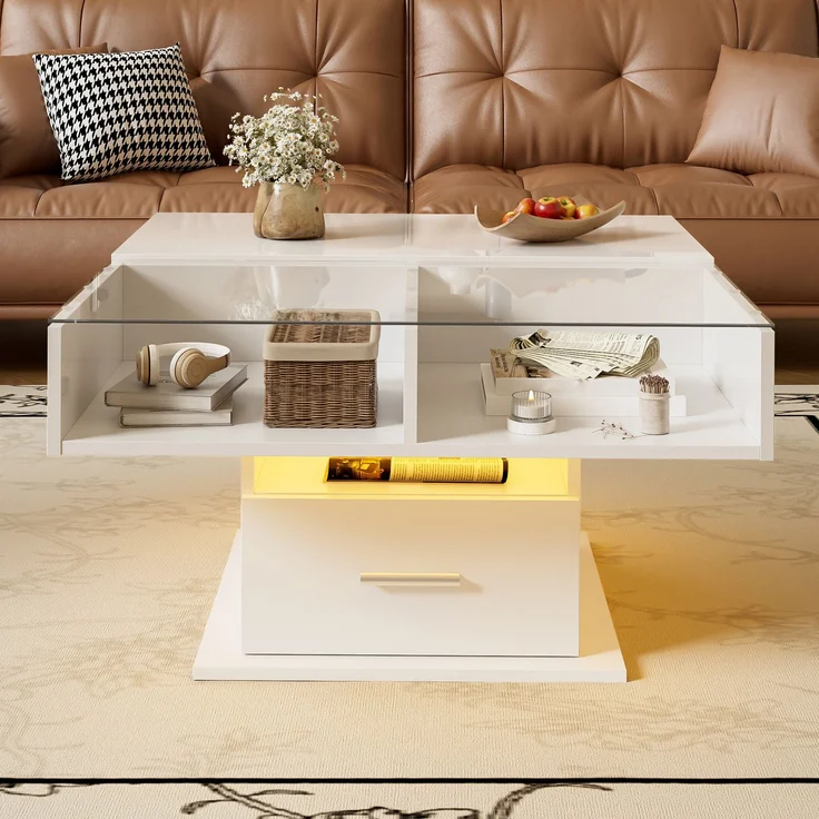 Lift-Couchtisch Weiß Hochglanz 78x78 cm höhenverstellbarer Tisch mit LED-Beleuchtung, Schublade und Ablagefach – Bild 3