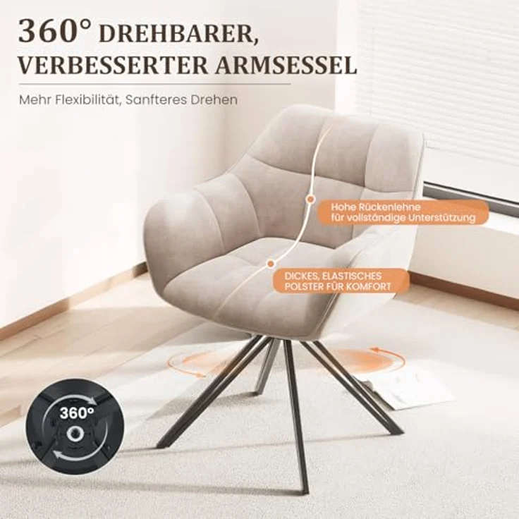 COLAMY Drehstühle für Esszimmer, 6er Set, Drehbare Polsterstühle mit Armlehnen und Rückenlehne, Bequeme Küchenstühle für Wohnzimmer & Essbereich, Beige – Bild 4