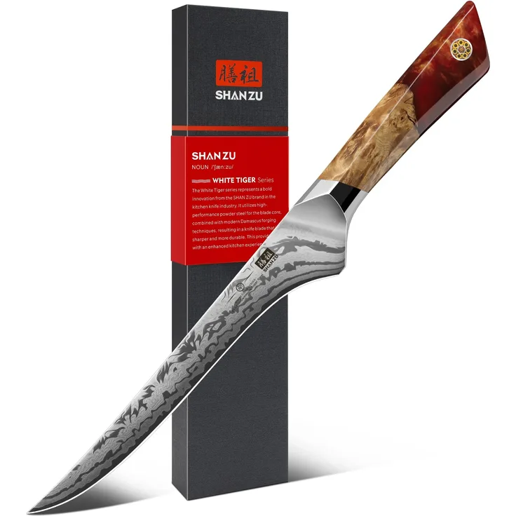 SHAN ZU Damast Filetiermesser, Japanisches Ausbeinmesser aus SG2-Pulverstahl, Handgeschmiedetes 18cm Fisch Filiermesser aus 91 Schichten Damaststahl, Ergonomischer Ahorngriff – WHITE TIGER Series