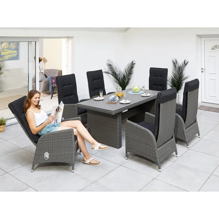 KONIFERA Garten-Essgruppe Brisbane, (Set, 13-tlg, 6 Sessel, Rückenlehne verstellbar, inkl. Auflagen, Tisch 92x192x74 cm), Aluminium/Polyrattan, Tischplatte aus Stone-Spray-Glas in Steinoptik