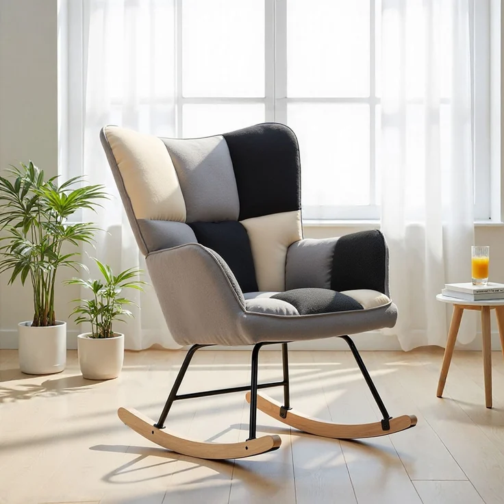 HOME NATURE WOHNKONZEPT Schaukelstuhl, gepolsterter Relaxsessel mit hoher Rückenlehne, Armlehnen und rutschfesten Füßen, für Wohnzimmer und Schlafzimmer, 71 × 49 × 98,5 cm, Schwarz-Weiß-Grau – Bild 5