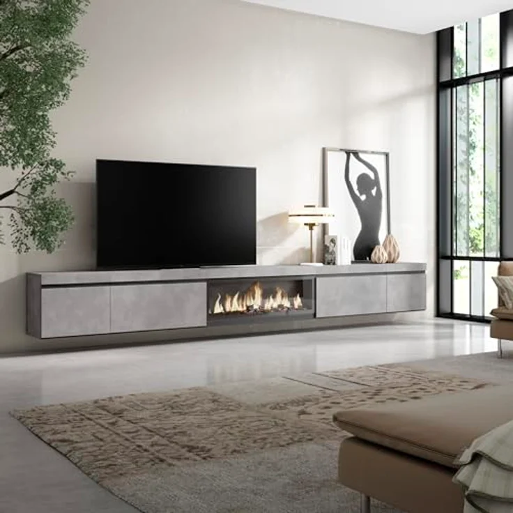 Skraut Home | TV-Schrank, Lowboard | für Wohnzimmer und Esszimmer | 368x45x35 | Elektrokamin XXL| Hängend | Moderner Stil | Zement – Bild 2
