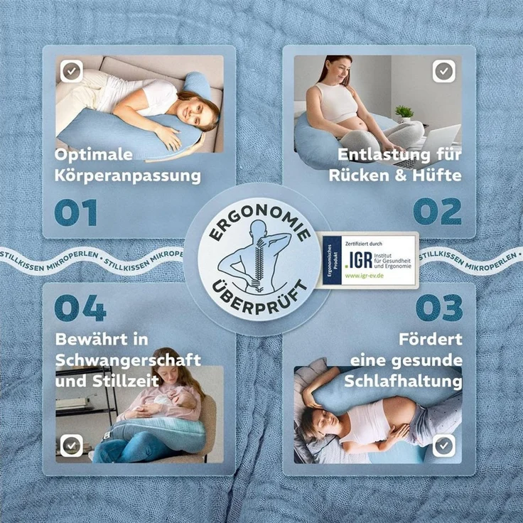 SEI Design Stillkissen Seitenschläferkissen Babynestchen mit EPS Mikroperlen, Schwangerschaftskissen mit Bezug, Schwangerschaftskissen mit Bezug, Musselin BIO Baumwolle – Bild 4