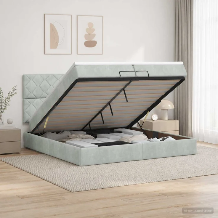 vidaXL Ottoman Bett mit Matratze Hellgrau 200 x 200 cm Samt 3457815 – Bild 1