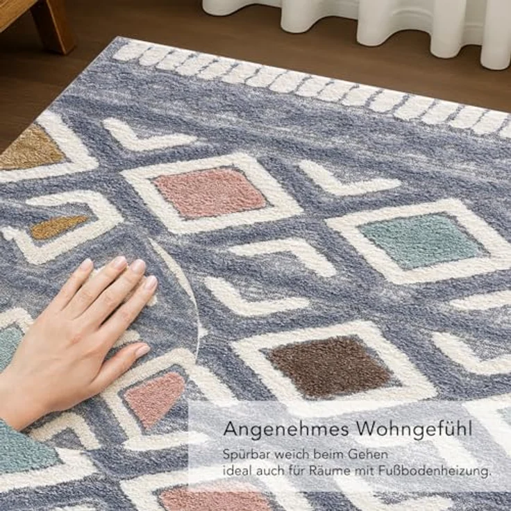 Teppich Wohnzimmer Hochflor - 80x150cm - Einfarbig - Pastell Multi - Boho - Modern Raute Ornamente - Skandinavisch Flauschig Weich - Schlafzimmer – Bild 5