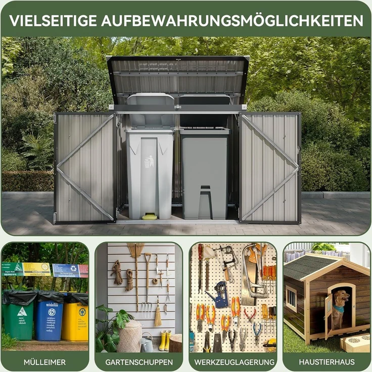 Aoxun 150x117x80cm Metall Gerätehaus, Mülltonnenbox für 2 Tonnen, Wetterfester Gartenschrank mit Kettenzug-Deckel & Gasdruckfeder, zu öffnende Front- & Top-Türen, Schwarz – Bild 7