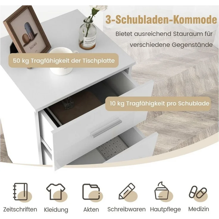 COSTWAY Nachttisch (2-St), mit 3 Schubladen, 37 x 34 x 66,5 cm, weiß – Bild 2