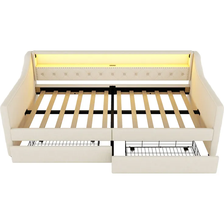 Schlafsofa mit LED-Streifen, Lattenrost und 2 Schubladen, 90x200cm, Polsterbett, Einzelbett, Jugendbett, Leinenbezug – Bild 7
