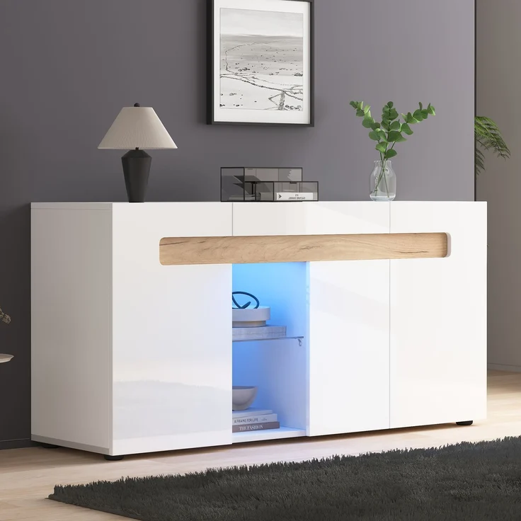 ZUBALIYA Sideboard 140x40x70 cm, mit LED-Beleuchtung, mit App-Steuerung, Hochglanz, aus Spanplatte, Weiß / Natur – Bild 3