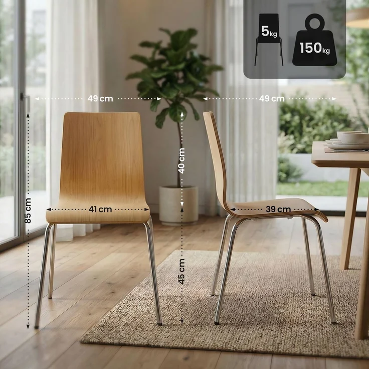 CLP 4er Set Stapelstühle Gahanna Formholz mit HPL-Laminat Stahlgestell bis 150 kg,Farbe:natur – Bild 2