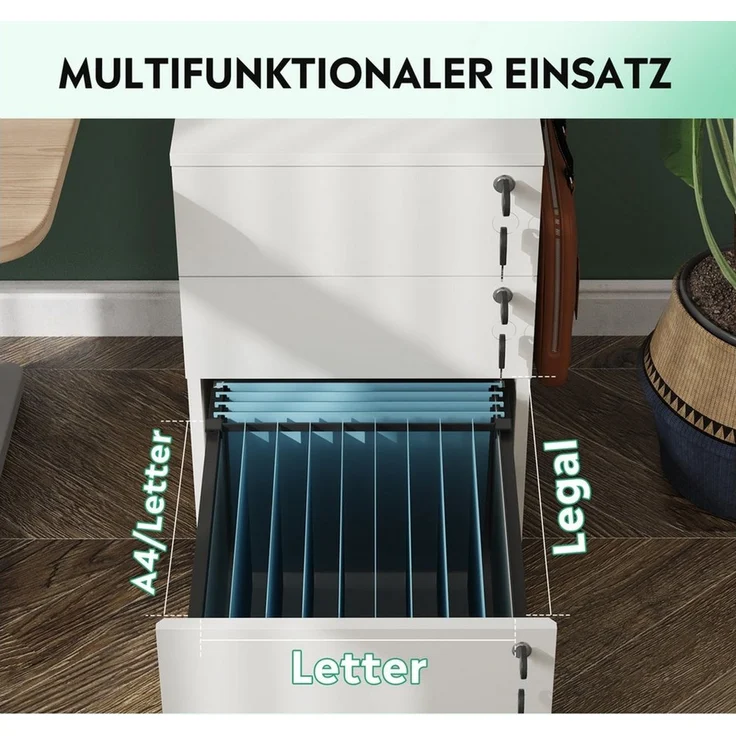 DEVAISE Rollcontainer Mobiler Aktenschrank mit 3 Schubladen, (Druckertisch für DIN A4/Legal/Letter), 3 Schlüssel, Schreibtisch Unterschrank für Büro und Home Office – Bild 2