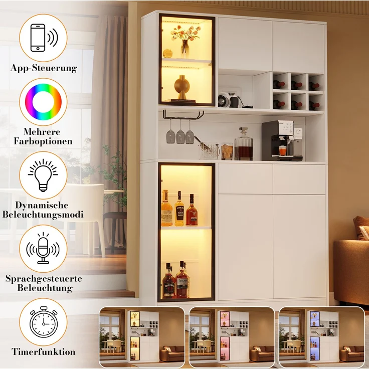 Hochschrank 120 x 33 x 200 cm in Weiß mit LED-Beleuchtung, Glastüren und Schubladen – Bild 9