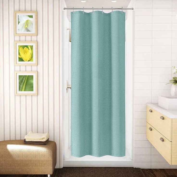 Waffel Duschvorhang Textil Stoff Türkis 182x92cm Set Anti Schimmel Wasserdicht – Bild 2