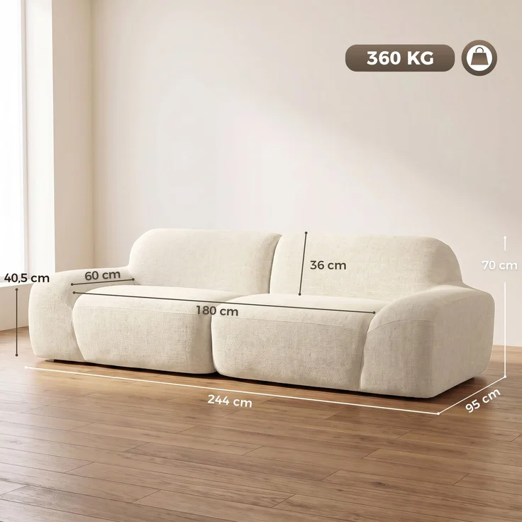 HOMCOM 3-Sitzer-Sofa, Chenille (100 % Polyester), Schaumstoff, Cremeweiß, 244 x 95 x 70 cm – Bild 3