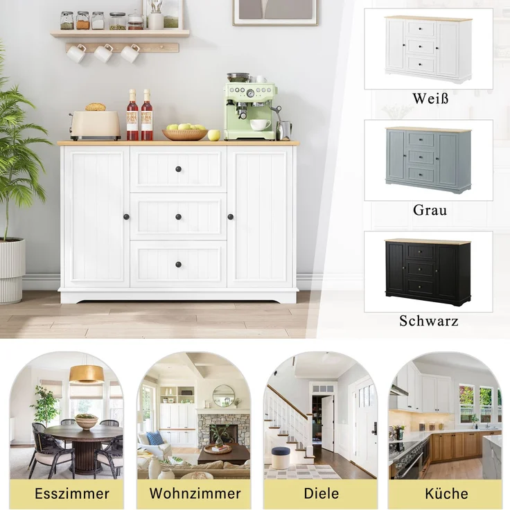 Sideboard 126 x 40 x 86 cm in Weiß mit 3 Schubladen und verstellbaren Einlegeböden – Bild 9