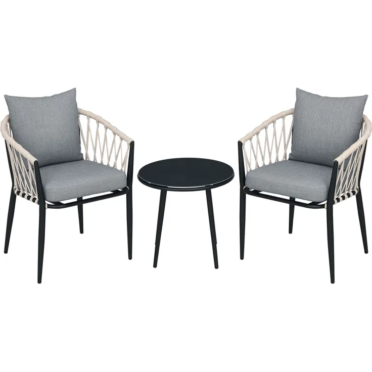 MELAYR, Gartenmöbel Set für 2 Personen inkl. 1 Tisch, 2 Stühlen mit Sitzkissen, Balkon-Set, Stahl, Grau, 57 x 60 x 75 cm