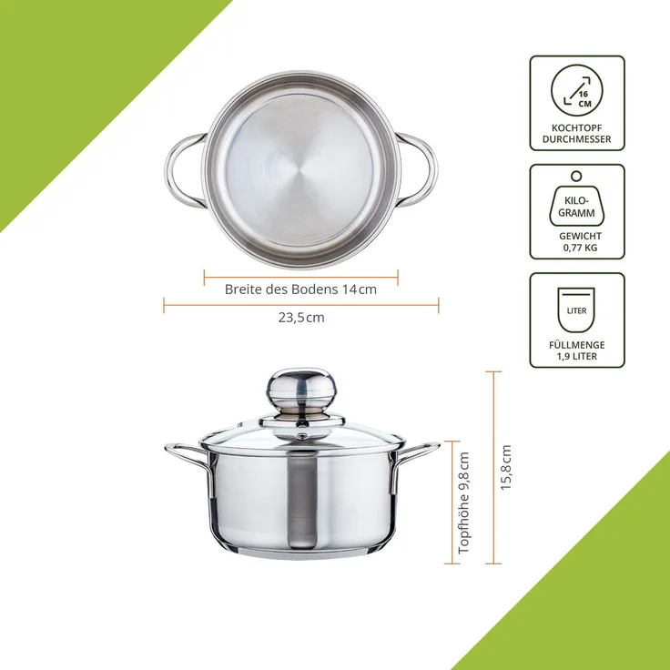 Level One Topf Edelstahl 16 cm Kochtopf Induktion 1,9 L Fleischtopf & Bratentopf mit Glasdeckel für den Backofen, rostfreier Edelstahl, für alle Herdarten geeignet