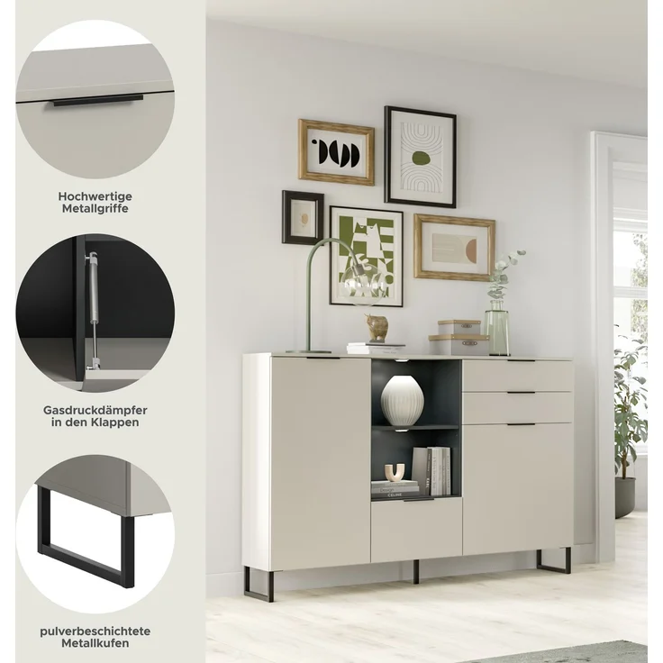 Highboard B/H/T: 112x150x37 cm in Kaschmir Nachbildung und schwarz – Bild 7