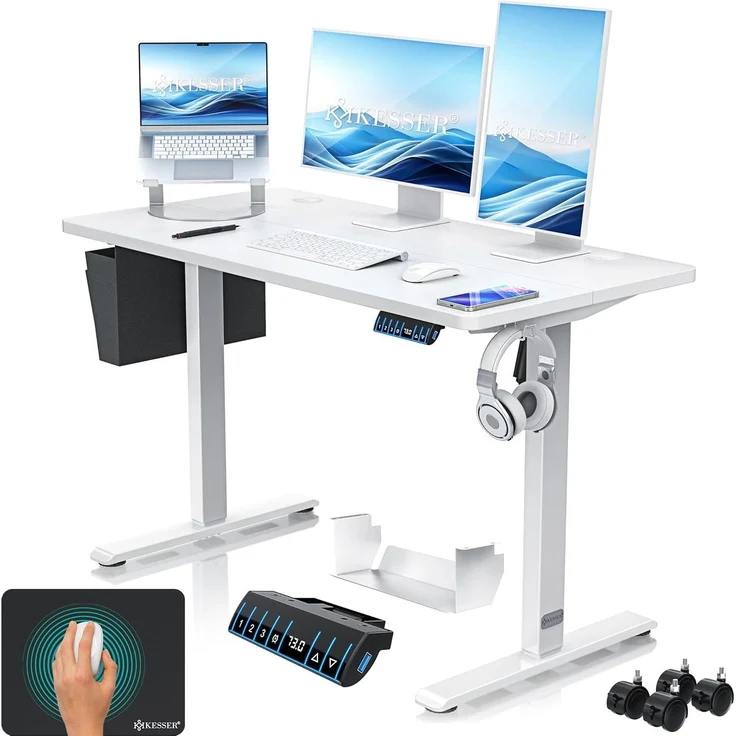 KESSER® Höhenverstellbarer Schreibtisch elektrisch | Ergonomisch Steh-Sitz Schreibtisch | 3-Funktions-Memory Steuerung | Inkl. 360° Rollen & USB-Ladeanschluss | Computertisch für Homeoffice Weiß, 120 x 60 cm – Bild 1