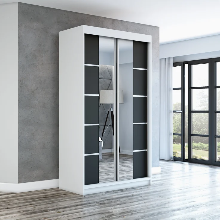 Schwebetürenschrank ERA 2-türig Schrank 120 cm (mit Spiegel) Farbe: Weiß , schwarz – Bild 2