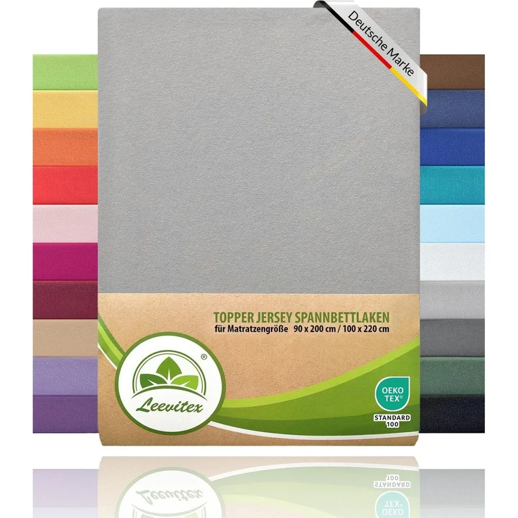 leevitex® Spannbettlaken, Premium 170g/m², Gummizug: rundum, schwer und dick, 100% Jersey-Baumwolle, Grau, Topper | 90 x 200 - 100 x 220 cm