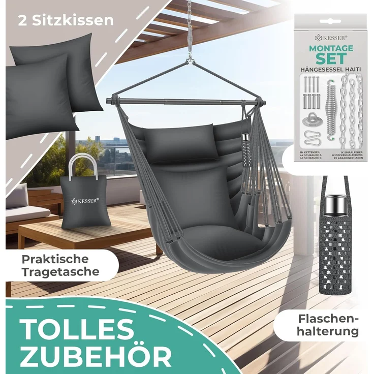 KESSER® Hängesessel Haiti 150kg Traglast, Hängestuhl 360° Drehung, Hängeschaukel Indoor-Outdoor UV-beständig & Wasserfest, Pflegeleicht, Inkl. 2 Kissen, Tragetasche, Flaschenhalter & Montage-Set Anthrazit / Anthrazit – Bild 6