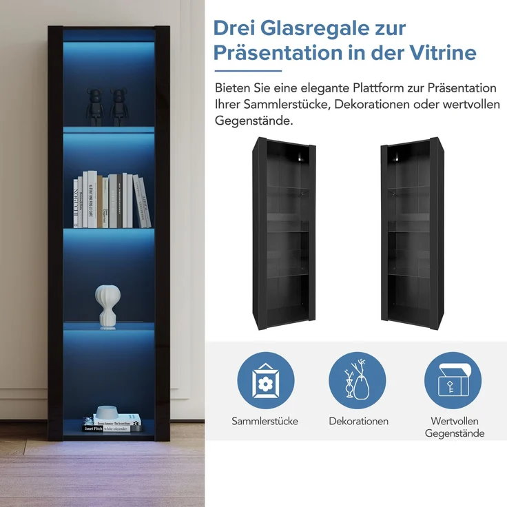 Merax Schwarzer Hochglanz-Vitrinenschrank mit LED-Beleuchtung, 3 Glasfächer, 55*38*166cm, Vitrine, Stehschrank, Hochschrank, Lagerschrank – Bild 6