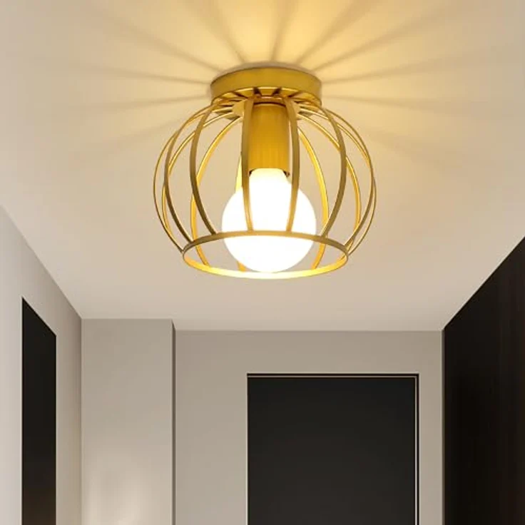 Comely Deckenleuchte Vintage, Industrial Deckenlampe Metall in Käfigform, Retro Kronleuchter E27 für Schlafzimmer, Wohnzimmer, Eingang, Flur (Gold) – Bild 2