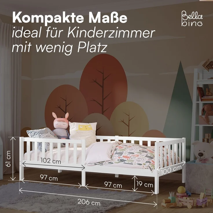 Bellabino 'Vere' Kinderbett 90x200 cm mit Matratze, weiß, Massivholz Kiefer, Jugendbett mit Rausfallschutz und Lattenrost – Bild 9