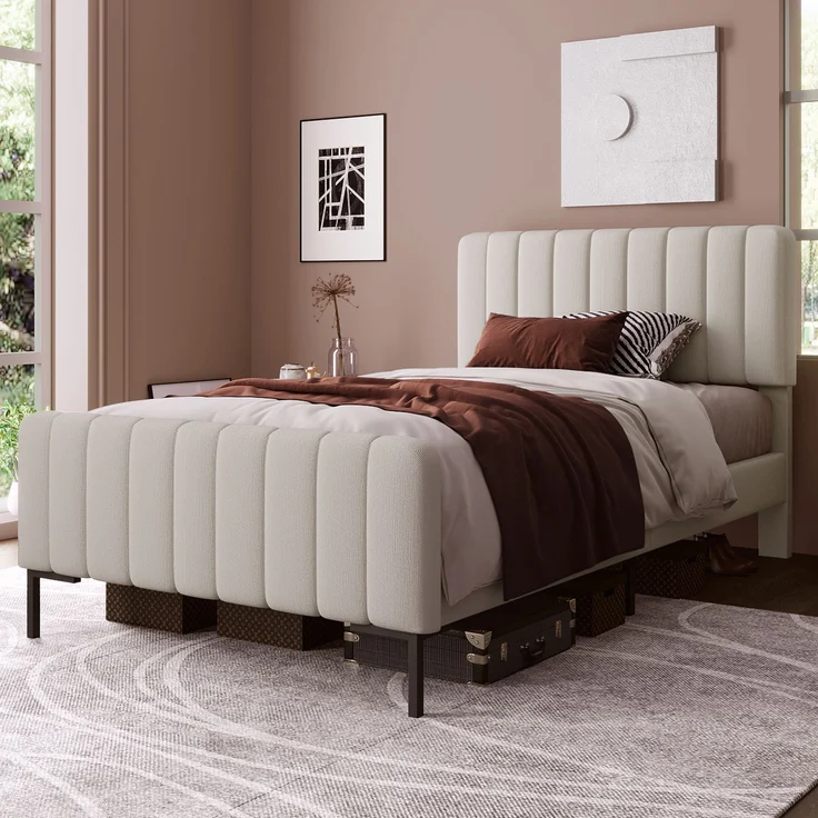 Polsterbett 90x200 cm mit höhenverstellbarem Kopfteil, stabilem Metallrahmen & Holzlatten, Stoff Grau-Beige,inklusive Matratze – Bild 2
