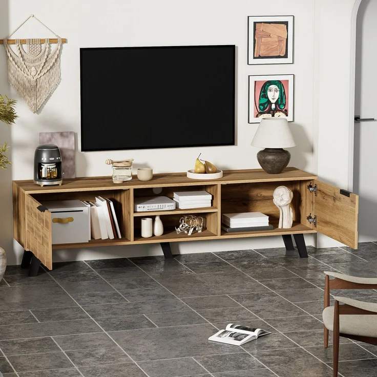 TV-Schrank Fernsehtisch Lowboard Holzoptik modern 160 cm Sideboard Medienkonsole mit Türen und offenen Fächern Wohnzimmermöbel – Bild 3