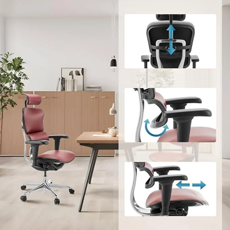 hjh OFFICE Bürostuhl ergonomisch ERGOHUMAN Ultra L GEN2 Originales Design, Bürosessel mit Flexibler Lendenwirbelstütze, Leder, Burgunderrot – Bild 7