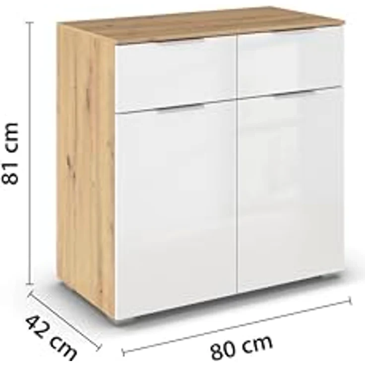 Rauch Möbel Alabama, Kommode für Schlafzimmer, Kinderzimmer, Garderobe, Flur, 2-türig, mit 2 Schubladen, SOFT-CLOSE-Funktion, Farbe Weiß Hochglanz/Eiche Artisan, Holz, Griff Alufarben, Maße 80x81x42cm – Bild 3