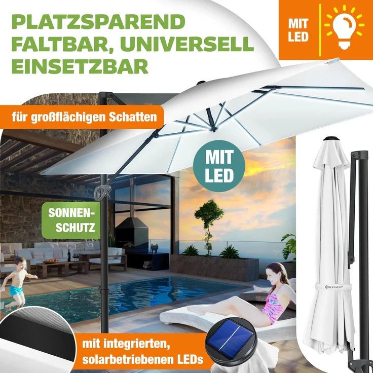 KESSER® Sonnenschirm Ampelschirm SUN XL 300 x 300 cm Inkl. Abdeckung +Windsicherung Drehbar Neigbar Kippbar Marktschirm Groß 360° Rotation, Gartenschirm mit Kurbel Sonnenschutz UV50+ Weiß, Mit LED – Bild 4