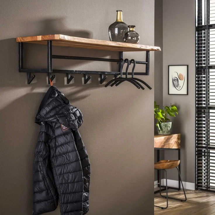 Garderobe Bord aus massivem Akazienholz, modern mit Hutablage und 6 Haken, Natur – Bild 1
