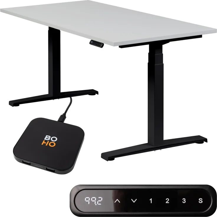 boho office® Schreibtisch Basic Line, Schwarz höhenverstellbar 80 mm/Sek, Tischplatte Lichtgrau 180 x 80 cm