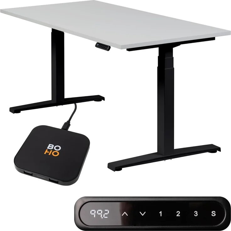 boho office® Schreibtisch Basic Line, Schwarz höhenverstellbar 80 mm/Sek, Tischplatte Lichtgrau 180 x 80 cm – Bild 1