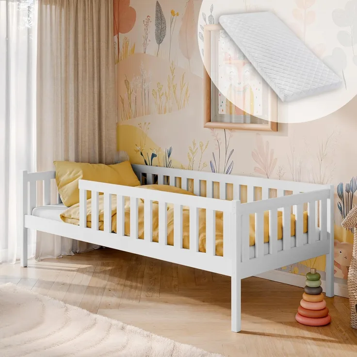 Kids Collective Kinderbett mit Rausfallschutz, Lattenrost und optionaler Matratze, Kinder Bett, 90x190 cm: von 4. bis 13. Lebensjahr, weiß, mit Matratze