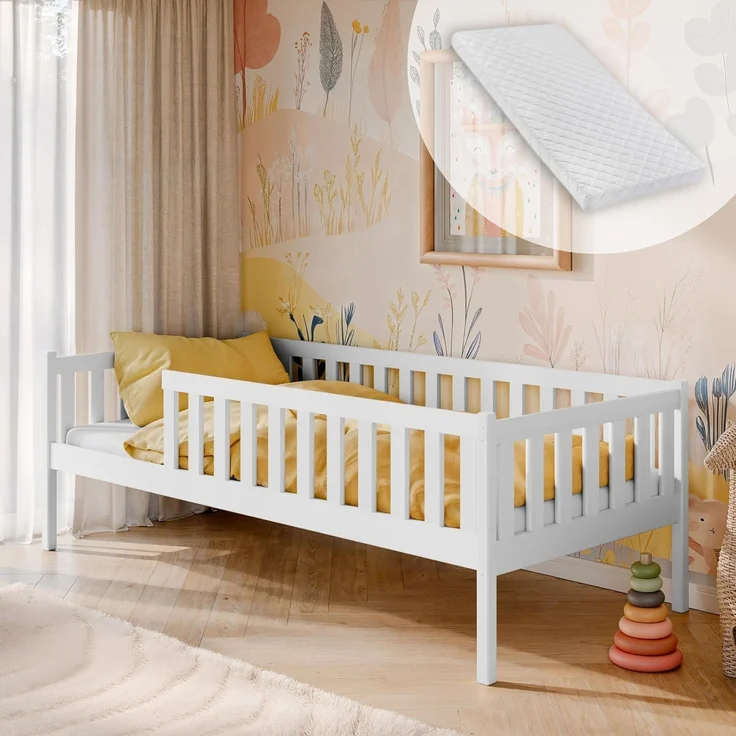 Kids Collective Kinderbett mit Rausfallschutz, Lattenrost und optionaler Matratze, Kinder Bett, 90x190 cm: von 4. bis 13. Lebensjahr, weiß, mit Matratze