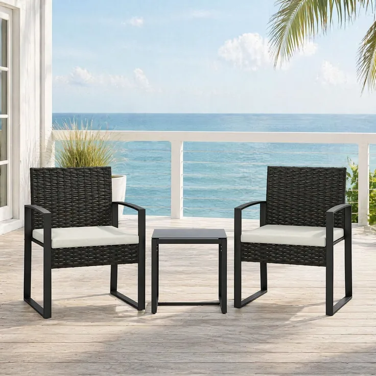 3-teiliges Gartenmöbel-Set mit Kunststoff-Rattan, Glastisch, 2 Sesseln, 55x58x76 cm, Cremegrau