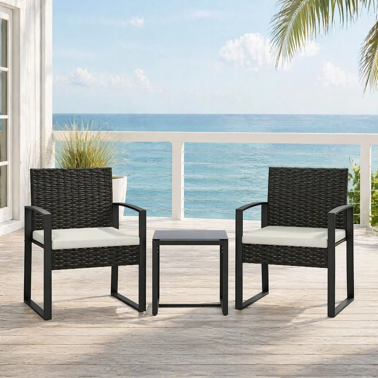 3-teiliges Gartenmöbel-Set mit Kunststoff-Rattan, Glastisch, 2 Sesseln, 55x58x76 cm, Cremegrau – Bild 1