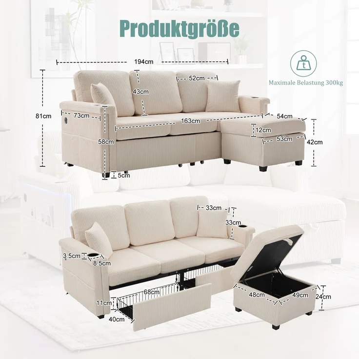 Sofa, Hochwertiges Samtsofa mit LED-Beleuchtung USB-C-Port inklusive Stauraum-Fußteil praktischen Getränkehaltern und Seitentaschen Premium Qualität für Wohnzimmer Schlafzimmer oder Büro, Samt, Beige, – Bild 2